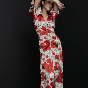 NWOT GANNI Beige and Red Silk Satin Ruched Floral V-neck Midi Dress XS 869